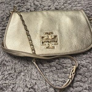Tori Burch Gold Leather Britten Crossbody Clutch Bag